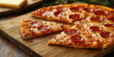 Freshly baked pepperoni pizza served on a wooden board with sliced pieces and toppings in a cozy kitchen setting photo