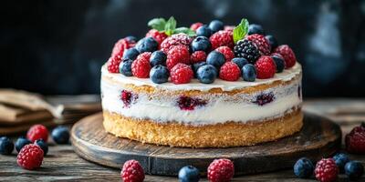 Delicious berry cake with fresh raspberries and blueberries on a wooden platter surrounded by berries photo