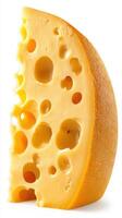 Cheese wedge with holes displayed against a plain background highlighting its texture and color photo