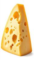 Close-up view of a wedge of yellow cheese with holes on a white background, showcasing texture and color variations photo