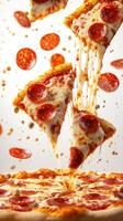 Melted cheese and pepperoni pizza slices suspended above a large pizza base with toppings photo