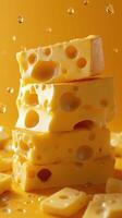 Yellow cheddar cheese blocks stacked against a bright, warm background with droplets of water photo