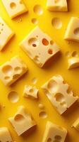 Cheese pieces scattered on a bright yellow background showcasing texture and holes in the cheese photo