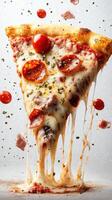 Perfectly melted cheese drapes over a slice of pepperoni pizza with fresh tomatoes and herbs against a minimalist background photo