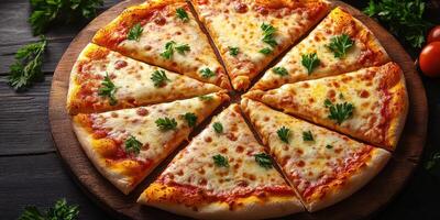 Freshly baked cheese pizza sliced into eight pieces garnished with parsley on a wooden platter photo