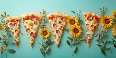 Slices of pizza arranged with sunflowers on a vibrant turquoise background for a cheerful presentation photo