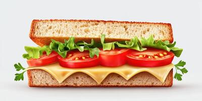 Freshly made sandwich with layers of cheese, lettuce, and tomatoes on whole grain bread photo