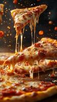 Delicious slices of cheesy pizza with gooey melted cheese and toppings captured in a warm setting photo