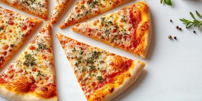 Freshly baked cheese pizza slices arranged in a circle on a light background ready to be enjoyed by pizza lovers everywhere photo