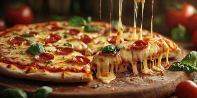 Delicious pepperoni pizza with melted cheese served on a wooden board photo