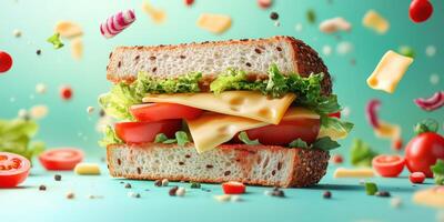 Colorful sandwich with fresh ingredients floating around, showcasing a culinary delight in a vibrant setting photo