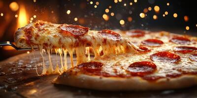 Delicious pepperoni pizza slice being pulled from a freshly baked pizza on a wooden board photo