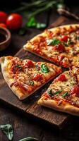 Freshly baked pizza with melted cheese, cherry tomatoes, and basil on a wooden board in a cozy setting photo