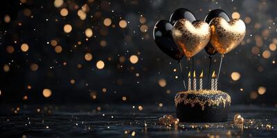 Beautiful heart-shaped balloons and a festive black cake with candles for a celebration in a dimly lit room photo