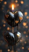 Black heart-shaped candles melt gently with golden accents in a cozy atmosphere filled with soft bokeh lights photo