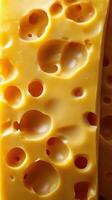Block of cheese with characteristic holes and texture in close-up view showcasing its creamy color and unique structure photo