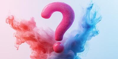 Colorful question mark surrounded by vibrant smoke in blue and red shades photo