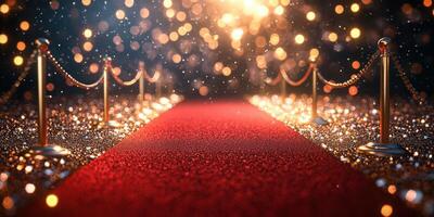 Red carpet event with sparkling lights and elegant barriers at nighttime venue photo