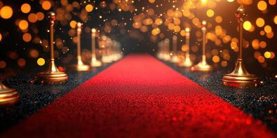 Elegant red carpet leading to a glamorous event with twinkling lights in the background at night photo