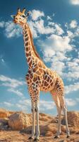 Giraffe standing tall against a clear blue sky in a rocky landscape during the day photo