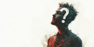 Artistic representation of a man with a question mark symbolizing search for identity and meaning in life photo