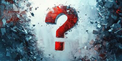 Bold red question mark emerges from shattered surface in a dramatic composition highlighting uncertainty photo