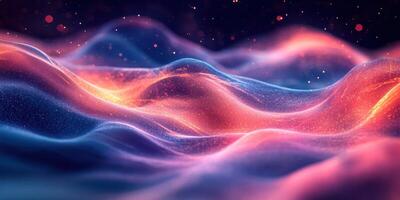 Vibrant digital landscape with flowing waves and glowing particles creates an ethereal atmosphere at twilight photo