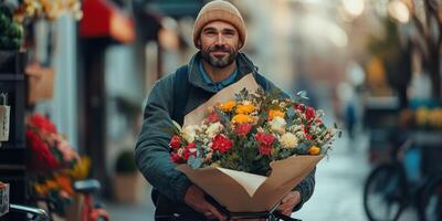 Man with a bouquet of flowers riding a bicycle on a bustling city street in autumn morning light photo
