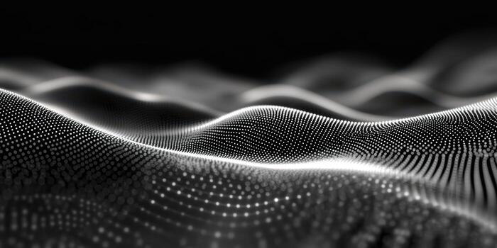 Digital landscape with flowing patterns and textured waves illuminated against a dark background photo