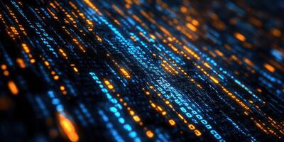 Digital data stream illustrates vibrant binary code in a futuristic display of orange and blue tones reflecting technology's core photo