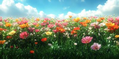 Colorful field of wildflowers under a bright blue sky on a sunny day in spring photo