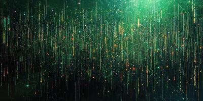 Digital green data stream with illuminated particles flowing in a modern abstract design at night photo