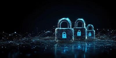 Digital locks representing cybersecurity protection in a virtual environment with glowing connections photo