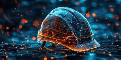 Digital representation of a construction helmet with glowing network connections in a futuristic setting photo