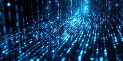 Digital landscape filled with glowing blue binary code streams flowing in a futuristic environment photo