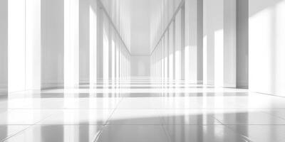 Bright and spacious corridor with white walls and reflections in a modern architectural space photo
