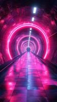 Vibrant neon tunnel with glowing pink lights and reflective surfaces at night photo