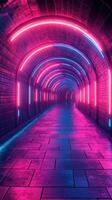 Vibrant neon-lit tunnel in an underground passageway at night creating a surreal atmosphere photo