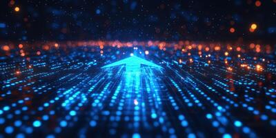 Bright blue arrow leading through a digital landscape filled with glowing particles and lights photo