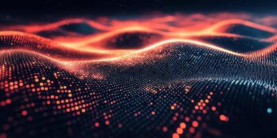 Digital waves of light create an abstract landscape in vibrant red and blue tones photo