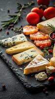 Assorted cheese platter with cured meats and fresh tomatoes arranged on a black slate board photo
