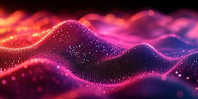 Digital waves of purple and orange light ripple through a dark environment showcasing vibrant energy patterns photo