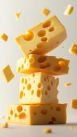 Floating blocks of cheese display texture and color against a light background in an artistic arrangement photo