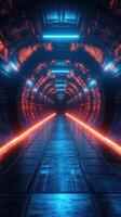 Vivid neon tunnel with glowing lines in an abstract futuristic setting at night photo