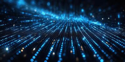 Dynamic flow of blue light particles creating an abstract digital landscape at night photo