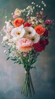 Colorful bouquet of fresh flowers showcasing blooms from multiple species in a delicate arrangement photo