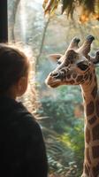 Child mesmerized by a giraffe during a sunny day at the zoo, creating a memorable encounter with wildlife photo