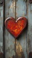 Rustic heart sculpture on weathered wooden door evokes feelings of love and warmth in a quaint setting photo