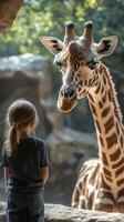 Child observing a giraffe closely during a sunny day at the zoo in a serene environment filled with natural light photo