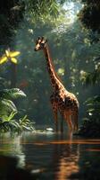 Giraffe standing gracefully in a lush rainforest surrounded by vibrant foliage and gentle sunlight filtering through the trees photo